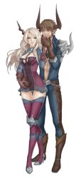 Rule 34 | 1boy, 1girl, arm around waist, bad deviantart id, bad id, between breasts, blonde hair, blue eyes, boots, breasts, brown hair, bustier, castanic, chain belt, cleavage, cleavage cutout, clothing cutout, couple, detached collar, detached sleeves, facial hair, full body, holding hands, hetero, horns, large breasts, long hair, long sleeves, nipuni, open clothes, open shirt, pants, pointy ears, shirt, short hair, shoulder guard, smile, studs, tera online, thighhighs, tight clothes, tight pants, transparent background
