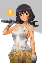 Rule 34 | 1girl, ?, artist name, bad id, bad pixiv id, blouse, breasts, brown hair, closed mouth, clothes around waist, collared shirt, commentary request, covered erect nipples, covered navel, dark-skinned female, dark skin, dirty, dirty clothes, dirty face, frown, girls und panzer, green eyes, highres, holding, hoshino (girls und panzer), jazz jack, jumpsuit, long sleeves, looking at viewer, mechanic, medium breasts, no bra, orange jumpsuit, over shoulder, see-through, shirt, short hair, signature, simple background, solo, spoken question mark, sweat, tank top, tied shirt, uniform, upper body, wet, wet clothes, wet shirt, white background, white shirt, wrench