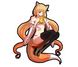 Rule 34 | 1girl, animal ears, bad id, bad pixiv id, bell, black thighhighs, blonde hair, blush, brown hair, collar, copyright request, detached sleeves, fox ears, fox tail, fundoshi, gradient hair, japanese clothes, legs together, long hair, multicolored hair, neck bell, oinari-tan, red eyes, sandals, sarashi, solo, tabi, tail, takatsuki (chicomico), thighhighs, very long hair, wide sleeves