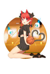 Rule 34 | 1girl, :o, alternate costume, animal ears, arms behind back, bad id, bad pixiv id, ball, basketball, basketball (object), basketball court, black bow, black footwear, black sailor collar, black serafuku, blue fire, bow, breasts, cat ears, cat tail, circle, extra ears, fang, fire, flaming skull, from side, hair bow, heart, heart tail, highres, holding, holding ball, kaenbyou rin, kneeling, kurokawa (kurokawa 1 1), looking at viewer, midriff, miniskirt, multiple tails, neckerchief, parted bangs, pleated skirt, pointy ears, red eyes, red hair, red neckerchief, round image, sailor collar, school uniform, serafuku, short hair, short sleeves, skirt, small breasts, solo, tail, touhou