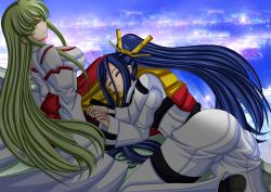 Rule 34 | 2girls, arc system works, ass, belt, blazblue, bodysuit, boots, breasts, c.c., c.c. (cosplay), code geass, cosplay, costume switch, crossover, closed eyes, from behind, green hair, hades izanami, hades izanami (cosplay), hair ornament, highres, japanese clothes, lap pillow, large breasts, long hair, long sleeves, lying, mikado (blazblue), mikado (blazblue) (cosplay), multiple girls, on side, ponytail, purple hair, revision, voice actor connection, seraphina, sideboob, sitting, sleeping, smile, straitjacket, very long hair, yellow eyes, yukana, yuri