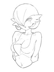 Rule 34 | 1girl, arms at sides, blush, bob cut, breasts, cleavage, collarbone, creatures (company), crop top, cropped torso, female focus, game freak, gardevoir, gen 3 pokemon, greyscale, hair over one eye, highres, light blush, looking at viewer, medium breasts, monochrome, navel, nintendo, one eye covered, open mouth, pokemon, pokemon (creature), short hair, simple background, sketch, solo, stomach, upper body, white background, yawar
