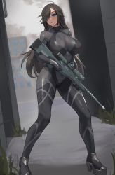 Rule 34 | 1girl, absurdres, ai arctic warfare, black hair, blue eyes, blush, bodysuit, bolt action, breasts, closed mouth, gun, hair over one eye, highres, large breasts, long hair, mole, mole under mouth, one eye covered, original, rifle, shikube, sniper rifle, solo, standing, thighs, weapon