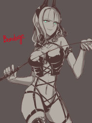 Rule 34 | 1girl, breasts, carmilla (fate), dominatrix, english text, fate/grand order, fate (series), female focus, green eyes, grey background, groin, hollomaru, large breasts, monochrome, navel, riding crop, simple background, sketch, smile, solo, spot color, thigh strap, thighs