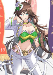 Rule 34 | 1girl, :d, ahoge, animal ears, arm belt, arm up, bandeau, bare shoulders, belt, blouse, blue eyes, breasts, brown hair, choker, cleavage, collarbone, commentary request, cowboy shot, cropped jacket, floating hair, green bandeau, green shirt, groin, hair between eyes, hair ornament, hairclip, hat, highres, holding, holding own hair, horse ears, horse girl, horse tail, jacket, kudo udon, long hair, long sleeves, looking at viewer, lower teeth only, medium breasts, midriff, mini hat, mini top hat, mr. c.b. (umamusume), navel, open clothes, open jacket, open mouth, pants, pink belt, sash, shirt, sidelocks, simple background, single bare shoulder, single sleeve, sleeve cuffs, smile, solo, standing, tail, teeth, top hat, umamusume, white background, white hat, white jacket, white pants, yellow choker