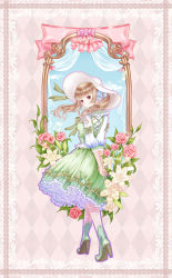 Rule 34 | 1girl, arms behind back, beamed semiquavers, blue sky, brown hair, dress, flower, frilled dress, frills, full body, green dress, hat, high heels, highres, lace, lace legwear, musical note, nail polish, pantyhose, petticoat, purple nails, rose, sky, smile, solo, standing, summer worm, tian tian meng wuyu, white hat