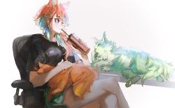 Rule 34 | animal, animal ears, animal hands, animal on lap, cat, cat ears, chair, chonkers (takanashi kiara), drinking, drinking straw, drinking straw in mouth, earrings, feather earrings, feathers, highres, hololive, hololive english, jewelry, kfp, multicolored hair, on lap, orange hair, purple eyes, quasarcake, shorts, sitting, smoothie (takanashi kiara), takanashi kiara, thighs, virtual youtuber