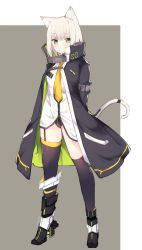 Rule 34 | 1girl, animal ears, armband, armored boots, arms behind back, asymmetrical legwear, black coat, black footwear, black panties, black thighhighs, boots, cat ears, cat girl, cat tail, coat, full body, garter straps, green eyes, grey background, haruyuki (yukichasoba), high collar, highres, knee boots, legs apart, long sleeves, looking at viewer, necktie, no pants, open clothes, open coat, original, panties, shirt, short hair, solo, standing, tail, thighhighs, two-tone background, underwear, uneven legwear, white hair, white shirt, yellow necktie