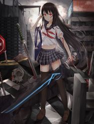 Rule 34 | 1girl, absurdres, adjusting hair, bad id, bad twitter id, bag, bandages, black hair, black sailor collar, black skirt, black thighhighs, blood, blood on arm, blood on clothes, bloody weapon, brown footwear, cloud, cloudy sky, collarbone, ds a, floating hair, highres, holding, holding bag, holding sword, holding weapon, loafers, long hair, looking at viewer, midriff, miniskirt, navel, neckerchief, original, outdoors, pleated skirt, red eyes, red neckerchief, ruins, sailor collar, school bag, school uniform, serafuku, shirt, shoes, short sleeves, skirt, skull, sky, solo, standing, stomach, striped clothes, striped skirt, sword, thighhighs, torn, very long hair, weapon, zettai ryouiki