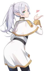 Rule 34 | 1girl, blowing kiss, capelet, earrings, elf, frieren, from behind, green eyes, highres, jewelry, long hair, looking back, parted bangs, pointy ears, profnote, solo, sousou no frieren, twintails, white capelet, white hair