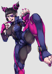 Rule 34 | 1girl, abs, bodysuit, breasts, bursting breasts, crotch, drill hair, energy, eyepatch, fighting stance, fingerless gloves, gloves, glowing, glowing eye, han juri, highres, impossible bodysuit, impossible clothes, large breasts, leg up, looking at viewer, muscular, muscular female, nail polish, pink nails, smile, standing, standing on one leg, street fighter, street fighter v, toned, twin drills