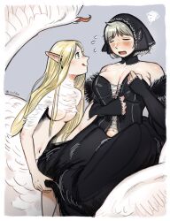 Rule 34 | 2girls, black dress, blonde hair, blush, breasts, co1fee, cosplay, costume switch, cross-laced clothes, dress, dungeon meshi, falin touden, feathers, flying sweatdrops, grey hair, highres, large breasts, long hair, marcille donato, marcille donato (cosplay), marcille donato (lord), medium breasts, muffin top, multiple girls, plump, role reversal, spoilers, squiggle, white feathers, wings