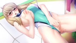 Rule 34 | 1girl, armpits, arms up, blonde hair, blush, breasts, censored, clothes pull, clothing aside, competition swimsuit, covered navel, female focus, female masturbation, game (=eroge) mitai na, suteki na koi ga shitai!, game cg, glasses, goggles, grabbing own breast, green eyes, groin, hadashi shoujo, highres, indoors, ino (magloid), large breasts, legs, legs apart, lisha lockheart, long hair, looking at viewer, masturbation, mosaic censoring, nipples, one-piece swimsuit, one-piece swimsuit pull, one breast out, open mouth, original, pussy, red-framed eyewear, solo, standing, swimsuit, swimsuit aside, thighs