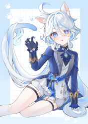 Rule 34 | 1girl, :3, :p, absurdres, ahoge, animal ear fluff, animal ears, arm support, artist name, ascot, asymmetrical gloves, black gloves, blue ascot, blue border, blue bow, blue eyes, blue gemstone, blue hair, blue jacket, blush, border, bow, brooch, buttons, cat day, cat ears, cat girl, cat tail, claw pose, closed mouth, commentary request, drop-shaped pupils, ear wiggle, eyelashes, frilled sleeves, frills, furina (genshin impact), gem, genshin impact, gloves, gradient tail, grid background, hair between eyes, hair intakes, half gloves, hand up, heterochromia, highres, jacket, jewelry, lapels, long hair, long sleeves, looking at viewer, lying, mismatched gloves, mismatched pupils, mugita (mokankan), multicolored hair, on side, open clothes, open jacket, outside border, parted bangs, paw print, shirt, short shorts, shorts, sidelocks, simple background, sitting, sleeve cuffs, solo, streaked hair, swept bangs, symbol-shaped pupils, tail, tassel, thigh strap, tongue, tongue out, twitter username, very long hair, vision (genshin impact), white background, white gloves, white hair, white shirt, white shorts