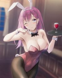 Rule 34 | 1girl, ;), alcohol, animal ears, artist name, bare arms, bare shoulders, blue eyes, blurry, blush, bow, bowtie, breasts, brown pantyhose, collarbone, commission, covered navel, cowboy shot, cup, depth of field, detached collar, drinking glass, fake animal ears, hands up, highres, holding, holding tray, indoors, keenh, large breasts, leotard, long hair, looking at viewer, one eye closed, original, pantyhose, pink hair, playboy bunny, rabbit ears, rabbit tail, red leotard, signature, smile, solo, standing, strapless, strapless leotard, tail, tray, v, wine, wine glass, wrist cuffs