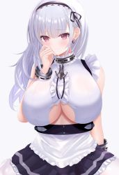 Rule 34 | 1girl, absurdres, ana (vvvvor), anchor choker, anchor necklace, apron, azur lane, black hairband, black skirt, blouse, breasts, center frills, choker, clothing cutout, dido (azur lane), earrings, frilled choker, frills, hairband, heart, heart earrings, highres, huge breasts, jewelry, lace-trimmed hairband, lace trim, long hair, looking at viewer, necklace, purple eyes, shirt, simple background, skirt, sleeveless, sleeveless shirt, solo, underboob, underboob cutout, waist apron, white apron, white background, white hair