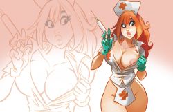 Rule 34 | 1girl, absurdres, breasts, breasts out, curvy, gloves, hat, highres, inverted nipples, large breasts, lifted by self, lips, long hair, nurse, nurse cap, one breast out, pedro perez, red hair, trizia (character), trizia (pedro perez), wide hips, zoom layer