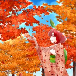 Rule 34 | 1girl, adu na, autumn leaves, blue sky, japanese clothes, kimono, nakano itsuki, red hair, sky, solo, yukata
