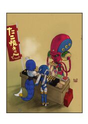 Rule 34 | 1boy, 2girls, absurdres, android, ass, back, benishouga, black eyes, boots, brown background, cooking, crab, crossover, facial mark, feet out of frame, fins, food, food stand, full body, gasoline, gloves, helmet, highres, holding, holding food, launch octopus (mega man), fairy leviathan (mega man), mayonnaise, mega man (classic), mega man (series), mega man x (series), mega man zero (series), mermaid, monster girl, moskau999, multiple girls, robot, robot girl, sauce, shadow, splash woman, takoyaki, takoyaki pan, tentacles, thigh boots, thighhighs, vegetable, white gloves