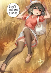 Rule 34 | 10s, 1girl, 2017, alternate legwear, asdj, backpack, bag, black eyes, black hair, breasts, bucket hat, covered erect nipples, english text, full body, grass, hat, hat feather, highres, kaban (kemono friends), kemono friends, loafers, lying, on back, open mouth, out of frame, serval (kemono friends), shadow, shirt, shoes, shorts, signature, silhouette, small breasts, solo, solo focus, sweat, tearing up, tears, thighhighs