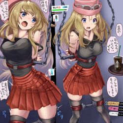 Rule 34 | 1girl, arms behind back, bdsm, black thighhighs, blonde hair, blue eyes, blush, bondage, bound, breasts, creatures (company), cuffs, cup, disposable cup, drinking straw, game freak, glasses, highres, monikano, nintendo, open mouth, pink headwear, pleated skirt, pokemon, pokemon swsh, pokemon xy, red skirt, restrained, serena (pokemon), shackles, skirt, solo, spreader bar, starbucks, sweat, text focus, thighhighs, translation request