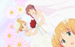 Rule 34 | 2girls, :d, :o, artist request, bare arms, bare shoulders, blush, bouquet, breasts, cleavage, couple, dress, dutch angle, fantasy, female focus, floral background, flower, hair up, imagining, multiple girls, neck, official art, open mouth, red flower, red rose, rose, sakura trick, short hair, smile, sonoda yuu, strapless, strapless dress, takayama haruka, wedding, wedding dress, white dress, wife and wife, yuri