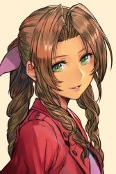 Rule 34 | 1girl, aerith gainsborough, bow, braid, braided ponytail, brown hair, coat, final fantasy, final fantasy vii, green eyes, hair bow, hungry clicker, lips, long hair, looking at viewer, multiple braids, parted bangs, parted lips, pink background, ponytail, side braid, sidelocks, simple background, smile, solo, square enix, twin braids, upper body