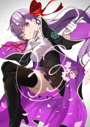 Rule 34 | 1girl, bb (fate), black thighhighs, blouse, breasts, cherry blossoms, eyebrows hidden by hair, fate/extra, fate/grand order, fate (series), flower, gloves, hair ribbon, high heels, highres, hitotose hirune, holding, jacket, long hair, petals, purple eyes, purple hair, ribbon, shirt, skirt, solo, thighhighs, victory pose, white gloves