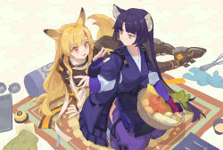 Rule 34 | 2girls, animal ear fluff, animal ears, arknights, basket, brown hair, brown jacket, ceobe (arknights), chinese commentary, commentary, dog ears, dog girl, dog tail, drooling, favilia, fingerless gloves, food, fruit, fruit basket, gloves, holding, holding basket, jacket, japanese clothes, kimono, kneeling, long hair, long sleeves, looking at another, looking back, multiple girls, pants, purple gloves, purple hair, purple kimono, purple pants, puzzle piece, red eyes, saga (arknights), tail, whisk, yellow eyes