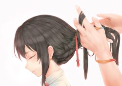 Rule 34 | 10s, 1girl, black hair, braid, braiding hair, closed eyes, collared shirt, from side, hair ribbon, hairdressing, highres, holding another&#039;s hair, kimi no na wa., miyamizu mitsuha, out of frame, portrait, profile, ribbon, shirt, simple background, smile, solo focus, tying hair, white background, white shirt, yomena