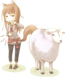 Rule 34 | 1girl, animal, animal ears, anklet, ayakura juu, brown hair, capri pants, drooling, hand on own stomach, hand to own mouth, holo, hungry, jewelry, no socks, novel illustration, pants, red eyes, sheep, shoes, spice and wolf, stomach growling, tail, wolf ears, wolf tail