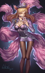 Rule 34 | 1girl, absurdres, ahri (league of legends), alternate costume, alternate hair color, animal ears, artist name, backlighting, belt, blonde hair, breasts, brown pantyhose, cellphone, character name, cleavage, cosplay, denim, denim shorts, epaulettes, facial mark, floating hair, fox ears, fox tail, girls&#039; generation, glowing, gradient background, hand on own hip, hat, headset, heart, heart necklace, highres, holding, iphone, jacket, jewelry, league of legends, leaning forward, pantyhose under shorts, light particles, light smile, lips, looking at viewer, microphone, multiple tails, necklace, open clothes, pantyhose, pantyhose under shorts, peaked cap, phone, pink jacket, pink shorts, pop star, popstar ahri, product placement, selfie, short shorts, shorts, simple background, slit pupils, smartphone, smile, solo, standing, swept bangs, tail, thigh gap, whisker markings, yellow eyes, yus, zipper