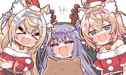 &gt;_&lt; 3girls animal_ear_fluff animal_ears antlers bandaid bandaid_hair_ornament bell blonde_hair blue_eyes blue_hair blush choker colored_inner_hair dog_ears dog_girl dress fake_antlers fangs fur-trimmed_dress fur_trim fuwawa_abyssgard grey_hair hair_flaps hair_ornament hairpin hat highres hololive hololive_english horns jingle_bell koseki_bijou kukie-nyan long_hair looking_at_viewer mococo_abyssgard multicolored_hair multiple_girls neck_bell official_alternate_costume open_mouth pink_hair purple_eyes red_choker red_dress red_hat reindeer_antlers santa_costume santa_dress santa_hat short_hair skin_fangs smile streaked_hair very_long_hair virtual_youtuber x_hair_ornament