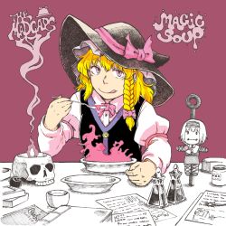Rule 34 | 1girl, alice margatroid, bad id, bad twitter id, blonde hair, bow, braid, character doll, fire, hair bow, hat, kirisame marisa, long hair, maruhachi (maruhachi record), pink eyes, plate, potion, simple background, skull, smile, solo, spoon, tongue, tongue out, touhou, witch hat