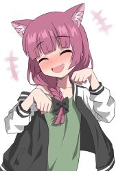 Rule 34 | +++, 1girl, animal ears, blunt bangs, blush, bocchi the rock!, braid, cat ears, closed eyes, commentary, dress, facing viewer, fang, green dress, hair over shoulder, halulu, highres, hiroi kikuri, jacket, kemonomimi mode, long hair, open clothes, open jacket, open mouth, paw pose, pink hair, simple background, single braid, smile, solo, track jacket, white background