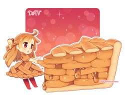 Rule 34 | 1girl, ahoge, apple hair ornament, apple pie, artist name, blush, brown dress, brown hair, chibi, dav-19, dress, food, food-themed clothes, food-themed hair ornament, full body, hair ornament, holding, lace background, long hair, looking away, mini person, minigirl, original, parted lips, personification, pie, pie slice, puffy short sleeves, puffy sleeves, red eyes, red thighhighs, short sleeves, solo, standing, thighhighs, transparent background, trembling, v-shaped eyebrows, very long hair, watermark, web address