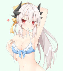 Rule 34 | 1girl, aqua background, arm behind back, arm up, armpits, bikini, blue bikini, breasts, cleavage, closed mouth, collarbone, commentary request, fate/grand order, fate (series), frilled bikini, frills, front-tie bikini top, front-tie top, grey hair, heart, horns, kamu (geeenius), kiyohime (fate), kiyohime (fate/grand order), kiyohime (swimsuit lancer) (fate), kiyohime (swimsuit lancer) (third ascension) (fate), long hair, looking at viewer, medium breasts, mouth hold, navel, red eyes, shiny skin, simple background, smile, solo, swimsuit, untied bikini, upper body