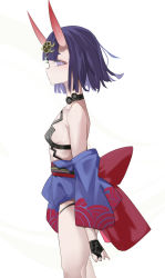 Rule 34 | 1girl, absurdres, bare shoulders, bob cut, breasts, bridal gauntlets, collarbone, eyeliner, fate/grand order, fate (series), headpiece, highres, horns, japanese clothes, kimono, long sleeves, makeup, off shoulder, oni, purple eyes, purple hair, purple kimono, revealing clothes, san (harutuki 3), short hair, short kimono, shuten douji (fate), skin-covered horns, small breasts, solo, wide sleeves