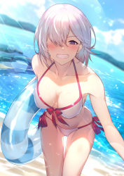 Rule 34 | 1girl, bare shoulders, beach, bikini, blush, breasts, cleavage, collarbone, commentary, covered erect nipples, day, fate/grand order, fate (series), grin, hair over one eye, highres, innertube, kakage, large breasts, lens flare, light purple hair, looking at viewer, mash kyrielight, mash kyrielight (swimsuit of perpetual summer), navel, ocean, official alternate costume, purple eyes, short hair, smile, solo, sunlight, swim ring, swimsuit, thighs, white bikini