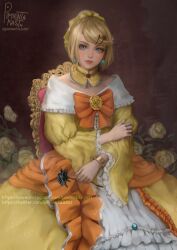 Rule 34 | 1girl, aku no musume (vocaloid), bare shoulders, black flower, black rose, blonde hair, blue eyes, blush, bow, bracelet, brooch, choker, commentary, detached collar, dress, dress bow, dress flower, earrings, evillious nendaiki, faux traditional media, flower, frilled choker, frilled sleeves, frills, hair bow, hair ornament, hairclip, hand on own arm, holding, holding flower, jewelry, kagamine rin, looking at viewer, orange bow, pimienta kast, pink lips, pinup (portrait), portrait, realistic, red background, riliane lucifen d&#039;autriche, rose, sitting, solo, strapless, strapless dress, swept bangs, throne, updo, upper body, vocaloid, wide sleeves, yellow bow, yellow choker, yellow dress, yellow flower, yellow rose
