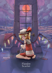 Rule 34 | 1girl, barefoot, blonde hair, butt crack, feet, female focus, flandre scarlet, hat, kaito (k4itoh), laevatein, looking back, moon, red eyes, red moon, ruins, short hair, sitting, solo, touhou, wariza, wings