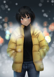 Rule 34 | 1girl, absurdres, amagami, black eyes, black hair, black sweater, blue pants, blurry, blurry background, bob cut, cowboy shot, denim, down jacket, hands in pockets, highres, jacket, jeans, lens flare, light particles, looking at viewer, nanasaki ai, outdoors, pants, short hair, snow, solo, sweater, yellow jacket, yoo tenchi