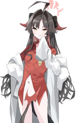 Rule 34 | 1girl, ahoge, black hair, black horns, black tail, blue archive, coat, demon horns, hair intakes, halo, hei (tonarinohey), highres, horns, kasumi (blue archive), lab coat, long hair, navel, red halo, red shirt, shirt, simple background, solo, white background, white coat, yellow eyes