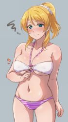 Rule 34 | 1girl, ayase eli, bikini, blue eyes, blush, breasts, collarbone, commentary request, covered erect nipples, cowboy shot, grey background, groin, hair ornament, hair scrunchie, halterneck, large breasts, looking at viewer, love live!, love live! school idol festival, love live! school idol project, navel, notice lines, o-ring, o-ring bikini, ponytail, scrunchie, sidelocks, solo, split mouth, squiggle, striped bikini, striped clothes, swimsuit, turkey min, white scrunchie