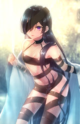 Rule 34 | 1girl, bare shoulders, black hair, breasts, fate/grand order, fate (series), fishnet fabric, hair over one eye, highres, long hair, looking at viewer, mochizuki chiyome (fate), moe (hamhamham), purple eyes, small breasts, solo, standing