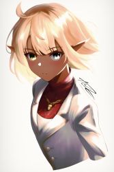 Rule 34 | absurdres, ahoge, armor, artist name, aura bella fiora, awz (a-w-z), blonde hair, blue eyes, buttons, closed mouth, dark elf, elf, green eyes, heterochromia, highres, jewelry, necklace, overlord (maruyama), pointy ears, red shirt, reverse trap, scale armor, shirt, simple background, tomboy, upper body, vest, white background, white vest