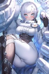 Rule 34 | 1girl, ass, blue eyes, blush, breasts, commentary request, commission, earrings, giant, gloves, highres, holding, holding person, jewelry, large breasts, long sleeves, looking at viewer, original, pants, skeb commission, skeleton, solo, suraimu (suraimuraimu), white hair