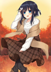 Rule 34 | 1girl, :d, arm up, autumn leaves, black hair, black pantyhose, blue eyes, blush, boots, braid, brown footwear, brown skirt, butterfly hair ornament, commentary request, grey ribbon, hair between eyes, hair ornament, hair ribbon, highres, knee boots, komori kuzuyu, leaf, long hair, long sleeves, maple leaf, open mouth, original, outdoors, pantyhose, plaid, plaid skirt, ribbed sweater, ribbon, rivier (kuzuyu), shawl, side braid, single braid, skirt, sky, smile, solo, standing, sweater, tree, unmoving pattern, white sweater, yellow sky