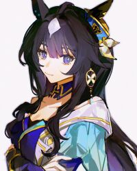 Rule 34 | 1girl, absurdres, animal ears, black hair, breasts, cleavage, closed mouth, commentary request, crossed arms, earrings, from side, hat, highres, hikawayunn, horse ears, horse girl, jewelry, looking at viewer, looking to the side, medium breasts, mini hat, mole, mole under eye, purple eyes, purple hair, simple background, smile, solo, umamusume, upper body, verxina (umamusume), white background