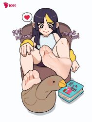 Rule 34 | 1girl, animal, animated, animated gif, barefoot, black eyes, black hair, blush, bogo, book, chair, feet, hand on own knee, long hair, multicolored hair, original, sexually suggestive, shorts, soles, streaked hair, toes